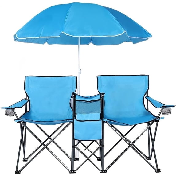 LAZZO Blue outdoor double camping chair with umbrella, cup holder, and cooler bag