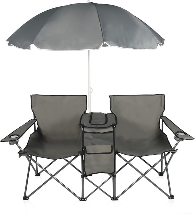 LAZZO Outdoor Double Camping Chair with Umbrella, Portable Folding Beach Chair with Cup Holder, Built-in Cooler and Carry Bag, Gray
