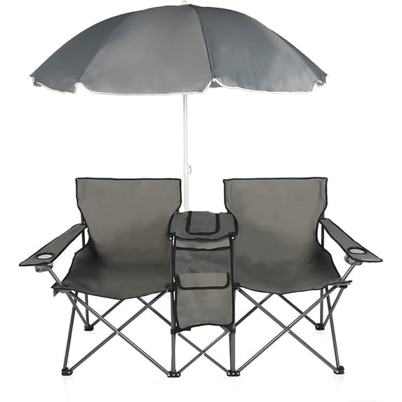 LAZZO Outdoor Double Camping Chair with Umbrella, Portable Folding Beach Chair with Cup Holder, Built-in Cooler and Carry Bag, Gray