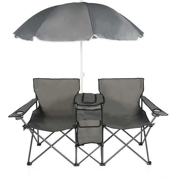 LAZZO Outdoor Foldable Picnic Double Chair, Portable Camping Chair with Umbrella, Cup Holder, Built-in Cooler and Carry Bag, Gray