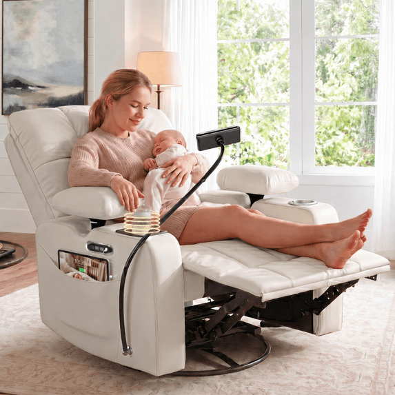 LAZZO Power Recliner Chair, Swivel Rocking Nursery Glider with Adjustable Headrest and Armrests, USB Charging and Cup Holder, Beige