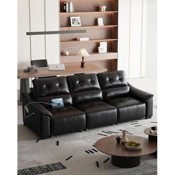 LAZZO Electric Reclining Sectional Sofa, Power Home Theater Seating with USB Type-C Charging Ports & Cup Holders, Leather Recliner Couch for Living Room, Black
