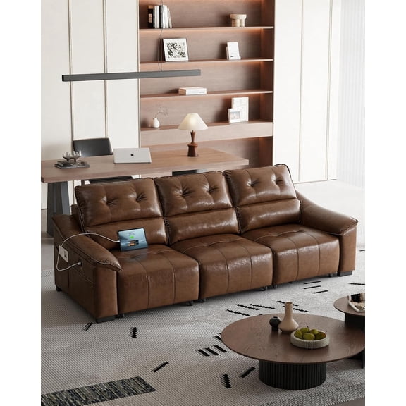 LAZZO Electric Reclining Sectional Sofa, Power Home Theater Seating with USB Type-C Charging Ports & Cup Holders, Leather Recliner Couch for Living Room, Brown