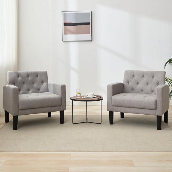 LAZZO Mid-Century Tufted Fabric Accent Chair Set of 2, Modern Upholstered Armchair for Living Room & Office, Light Gray