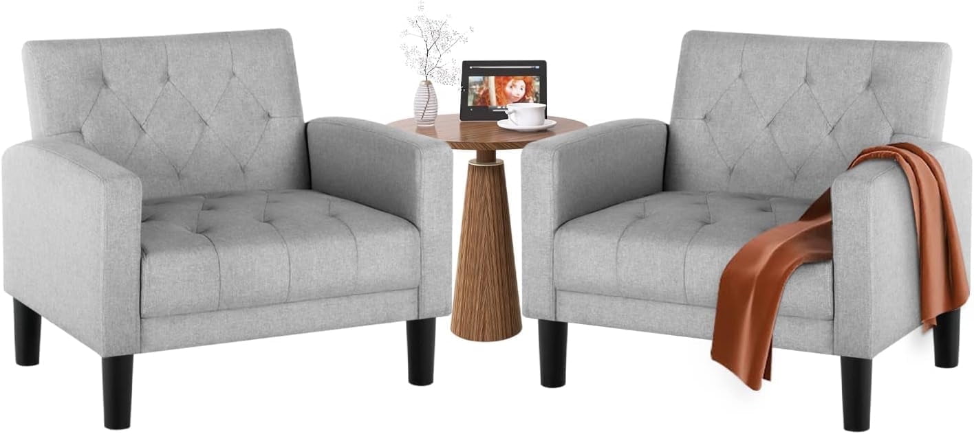 LAZZO Fabric Accent Arm Chair Set of 2, Wooden Frame Single Chair for Outdoor/Indoor Proch, (Light Grey)