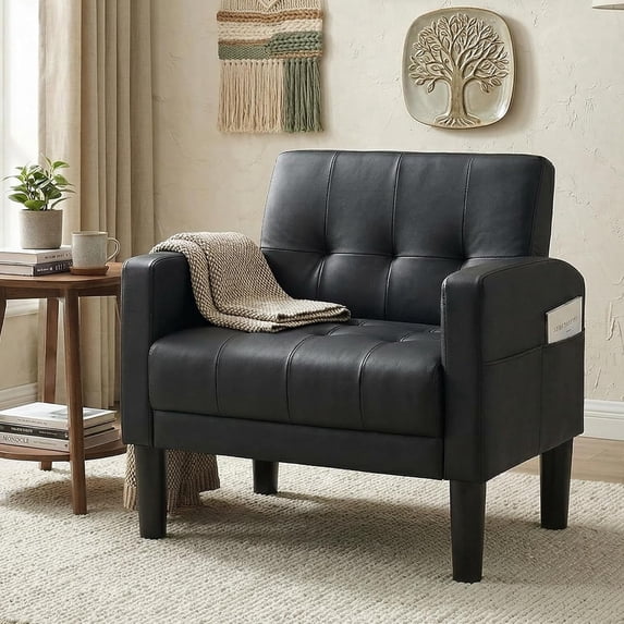 LAZZO Tufted Accent Chair, Mid Century Modern Upholstered Arm Chair for Living Room, Black