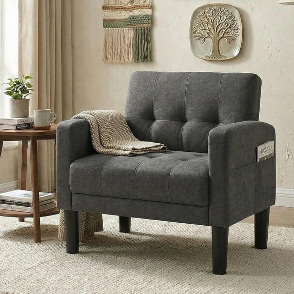 LAZZO Tufted Accent Chair, Mid Century Modern Upholstered Arm Chair for Living Room, Dark Gray