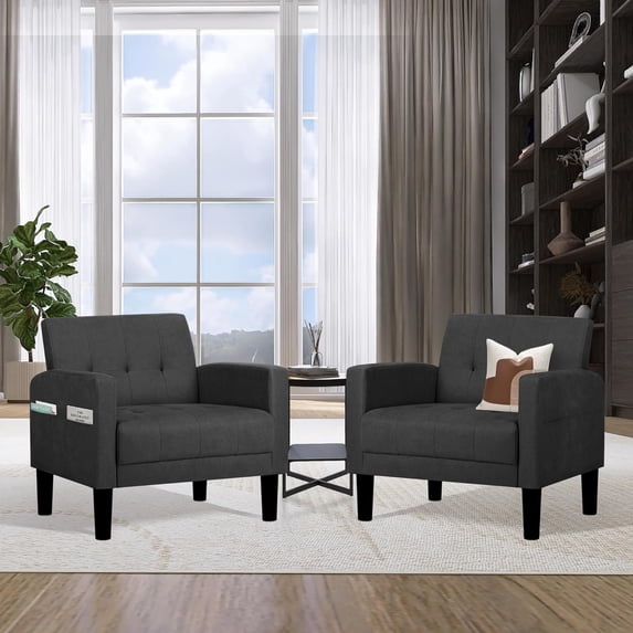 LAZZO Fabric Accent Arm Chair, Wooden Frame Single Chair for Living room and Office, Dark Gray,2PCS