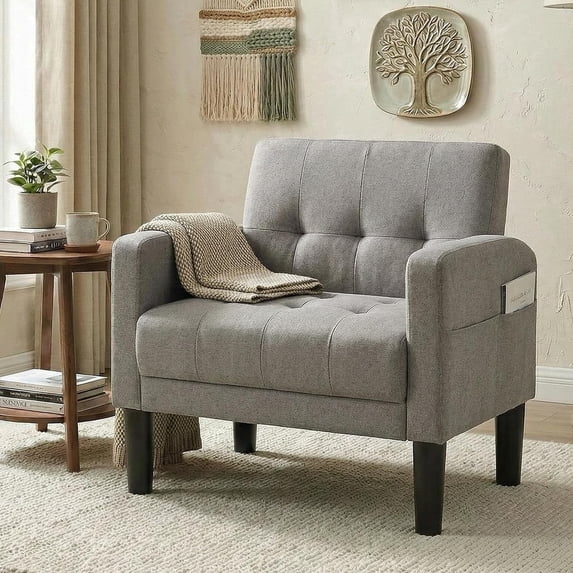 LAZZO Accent Chair, Comfy Single Fabric Sofa Armchair with Side Pockets for Living Room and Office, Light Gray