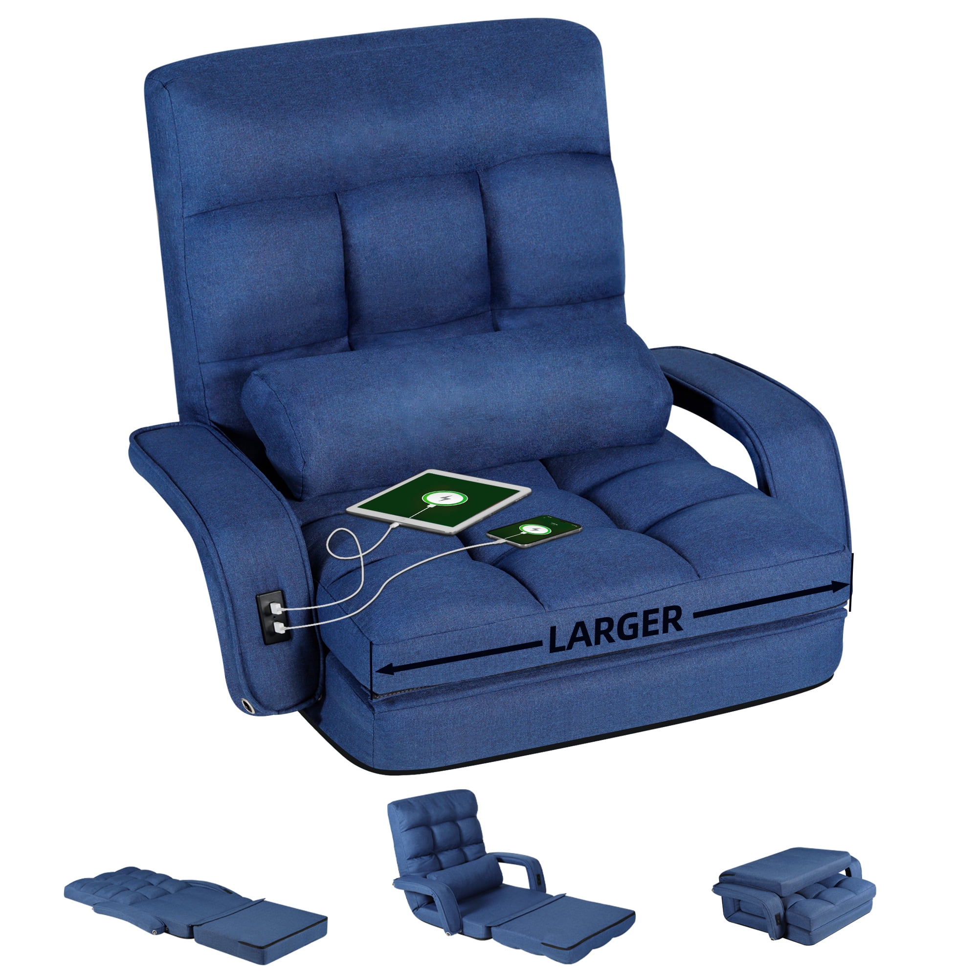 LAZZO Fabric Comfy Floor Chair Bedroom 2 USB Charging Ports, Blue