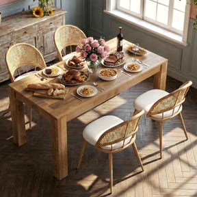 LAZZO 71" Dining Set, 5-Piece Farmhouse Rectangular Wood Table with 4 Upholstered Chairs, Brown