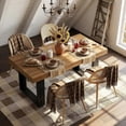 thumbnail image 1 of LAZZO 63"-79" Expandable Dining Set, 5-Piece Farmhouse Rectangular Wood Table with 4 Upholstered Chairs, Brown, 1 of 8