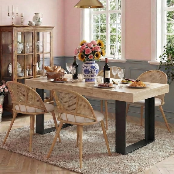 LAZZO 63"-79" Expandable Dining Set, 5-Piece Farmhouse Rectangular Wood Table with 4 Upholstered Chairs, Light Oak