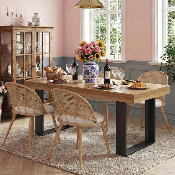 LAZZO 71"-87" Expandable Dining Set, 5-Piece Farmhouse Rectangular Wood Table with 4 Upholstered Chairs, Brown