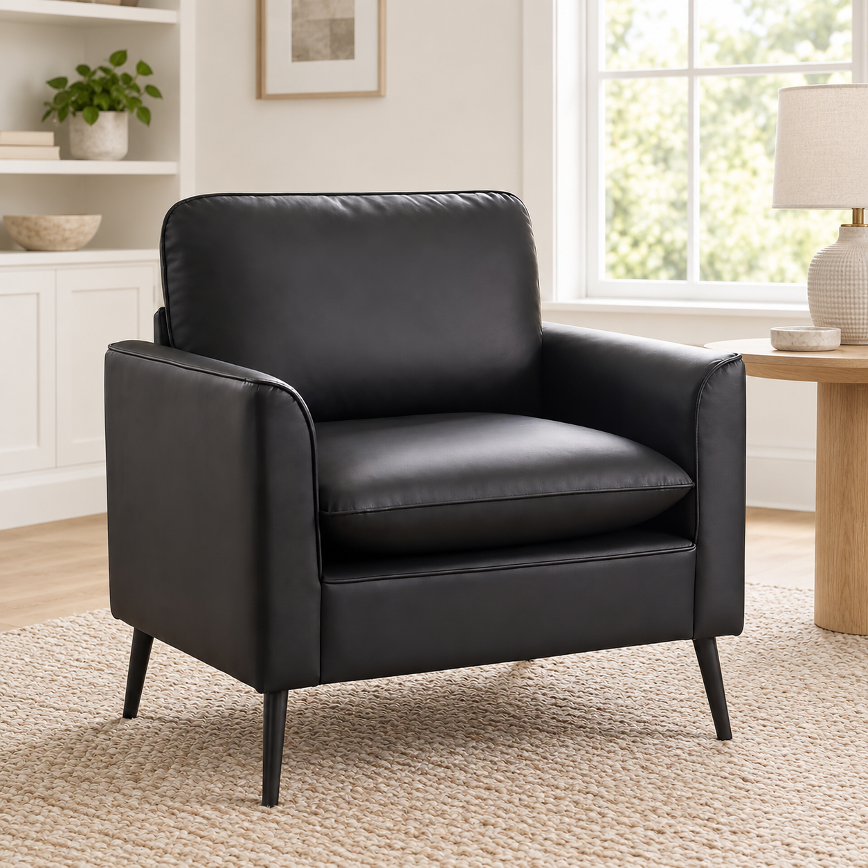 LAZZO Faux Leather Accent Chair, Mid-Century Modern Upholstered Armchair with Curved Armrests for Living Room and Office, Black