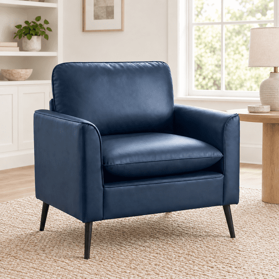 LAZZO Faux Leather Accent Chair, Mid-Century Modern Upholstered Armchair with Curved Armrests for Living Room and Office, Blue