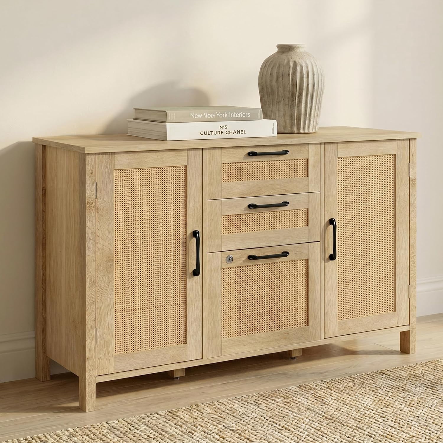 LAZZO File Cabinet with Lock, 3-Drawer Rattan-Front Wood Filing Cabinet ...
