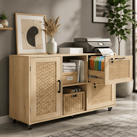 LAZZO 2-Drawer File Cabinet with Lock, Printer Stand with Rattan Panel and 1 Door for Home Office, Natural Wood