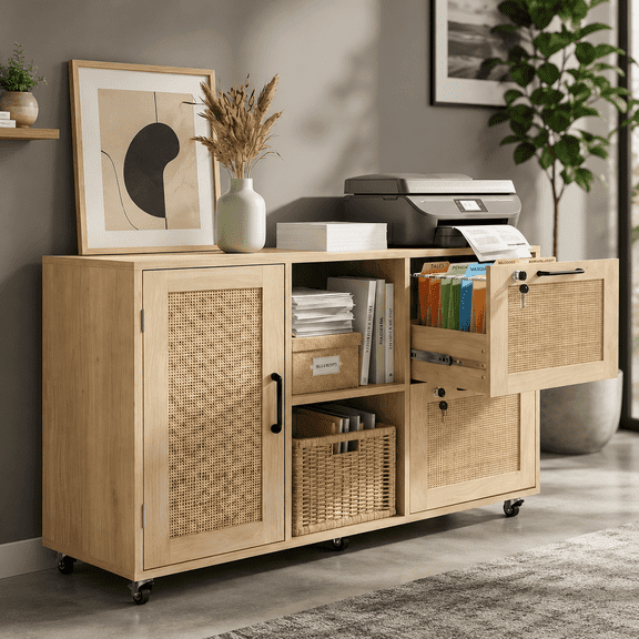 LAZZO Lateral File Cabinet with Lock and Wheels, Rattan-Front Wood Cabinet with 2 Drawers, 1 Door and 2 Open Shelves