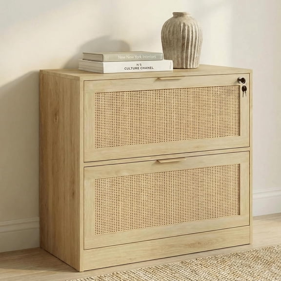 LAZZO Wood File Cabinet with Lock, 2-Drawer Rattan-Front Cabinet for Letter, Legal, A4 and F4 Files, Natural Wood Finish
