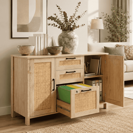 LAZZO 3-Drawer Lateral File Cabinet with Lock, Wide Rattan-Front Wood Filing Cabinet for Letter Hanging Files, Natural Wood Finish