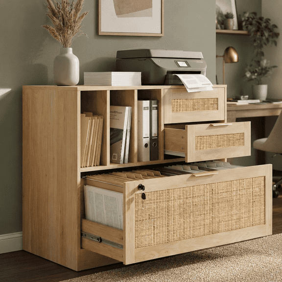 LAZZO 3-Drawer File Cabinet with Lock, Printer Stand with Rattan Panel and Open Storage for Home Office, Natural Wood