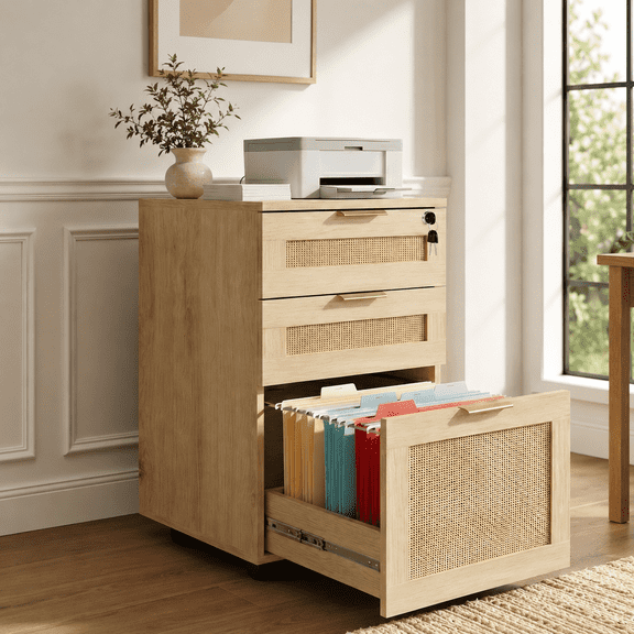 LAZZO 3-Drawer File Cabinet with Lock, Rattan-Front Wood Rolling Cabinet for Under Desk and Home Office, Natural Wood Finish
