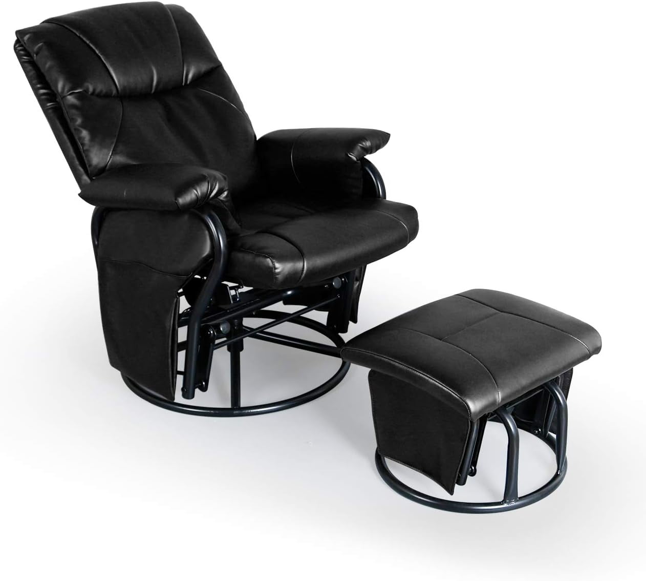 Black Faux Leather Ergonomic Swivel Rocking Chair with Ottoman