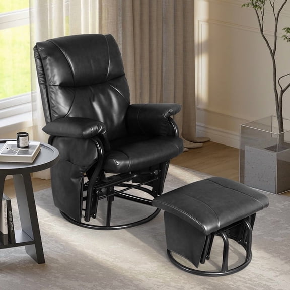 LAZZO Leather Swivel Glider Chair with Ottoman, Indoor Rocking Chair for Living Room & Office, Black
