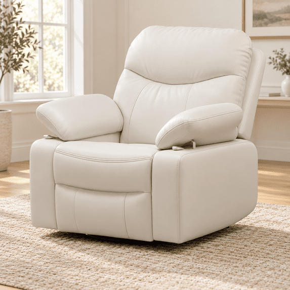 LAZZO Recliner Chair with Adjustable Armrests, Oversized 360° Swivel Chair for Nursery & Living Room, White
