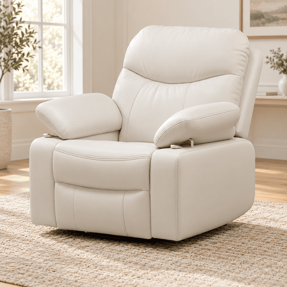LAZZO Recliner Chair with Adjustable Armrests, Oversized 360° Swivel Chair for Nursery & Living Room, White
