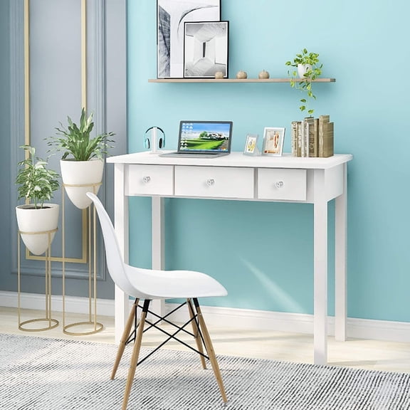 LAZZO 35.4" Compact Writing Desk with Drawers, Space-Saving Vanity Desk for Bedroom, White