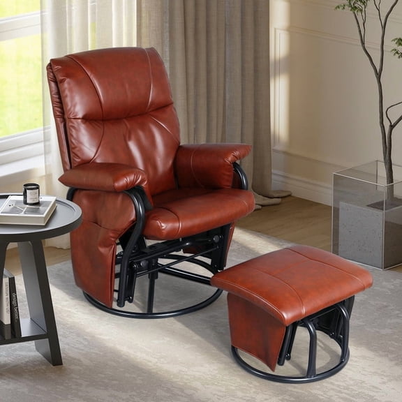 LAZZO Leather Swivel Glider Chair with Ottoman, Indoor Rocking Chair for Living Room & Office, Brown