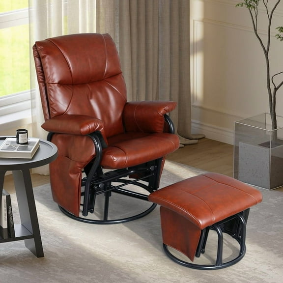 LAZZO Leather Glider Chairs, Rotatable Rocking Chair with Ottoman for Indoor, Living room, Office, Brown