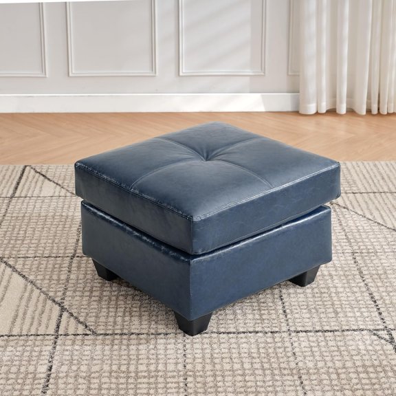 LAZZO Leather Ottoman, Square Faux Leather Bench with Extra Deep Cushion, Multi-Functional Footrest & Extra Seating for Living Room Bedroom, Blue