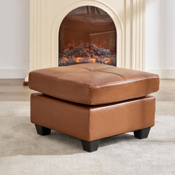 LAZZO Leather Ottoman, Square Faux Leather Bench with Extra Deep Cushion, Multi-Functional Footrest & Extra Seating for Living Room Bedroom, Brown