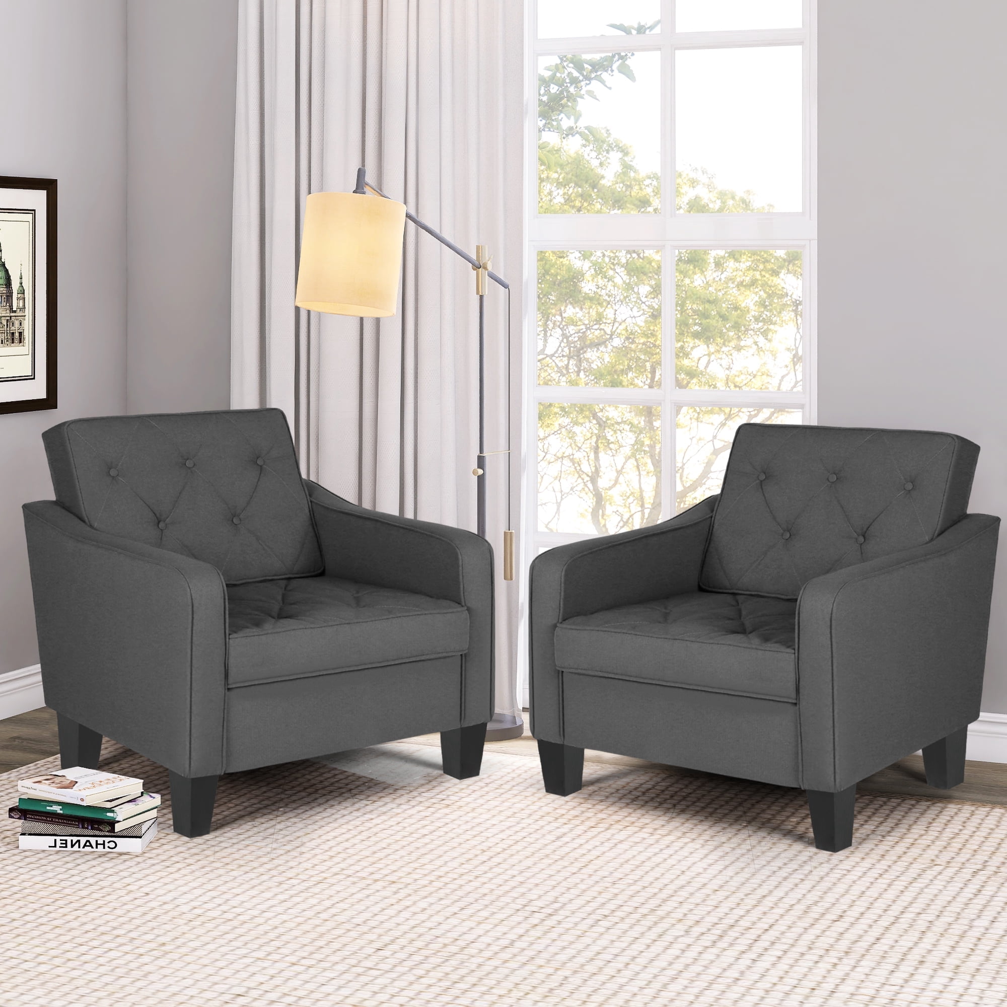 LAZZO Accent Chair, Comfy Tufted Living Room Arm Chair, Modern Upholstered Club Chair，Gray-2 Pack