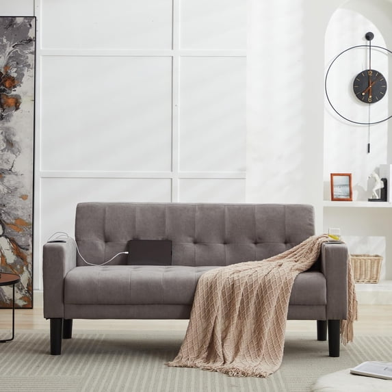 LAZZO 62" Mid-Century Modern Loveseat Sofa, Faux Leather Tufted Compact Couch with USB Ports & Cupholders, Light Gray
