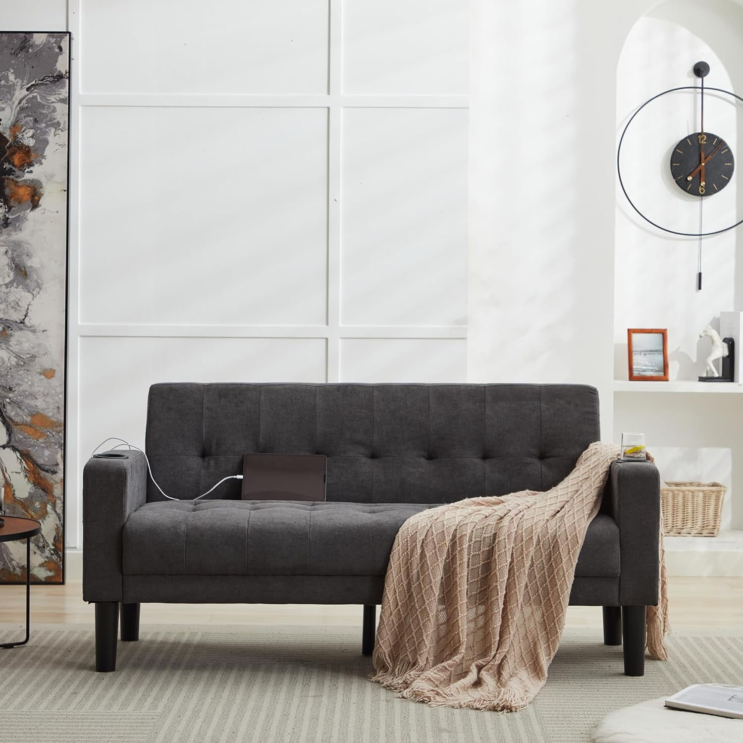 LAZZO 62" Mid-Century Modern Loveseat Sofa, Faux Leather Tufted Compact Couch with USB Ports & Cupholders, Dark Gray
