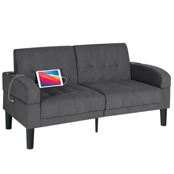 LAZZO Linen Upholstered Modern Love Seats Sofa w/ 2 USB