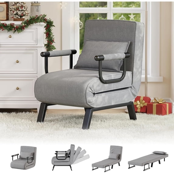 LAZZO 5-in-1 Convertible Sleep Chair Bed, Comfy Folding Sleeper Chair for Adults with Adjustable Backrest, Side Pockets & Pillow, Gray