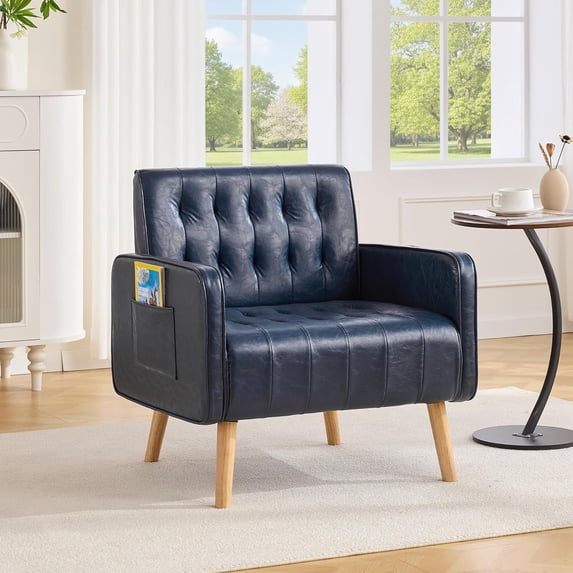 LAZZO Mid-Century Accent Chair, Upholstered Reading Armchair with Side Pocket & Wooden Legs for Living Room Bedroom Office, Blue
