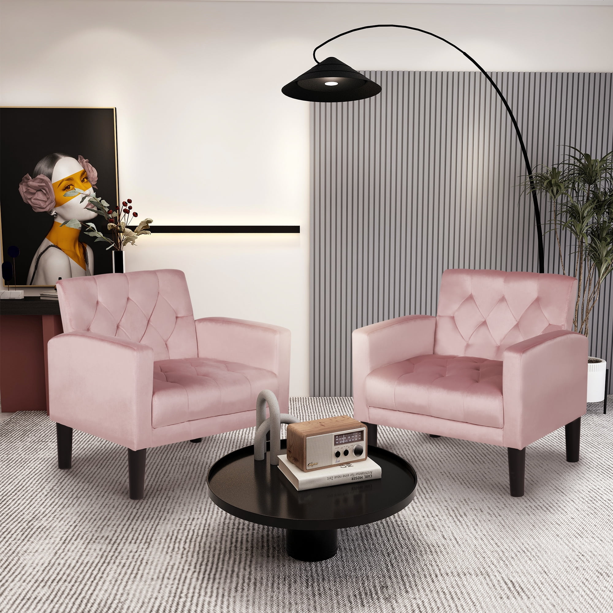 LAZZO Accent Chair Set of 2, Mid-Century Modern Upholstered Armchair for Living Room & Office, Pink