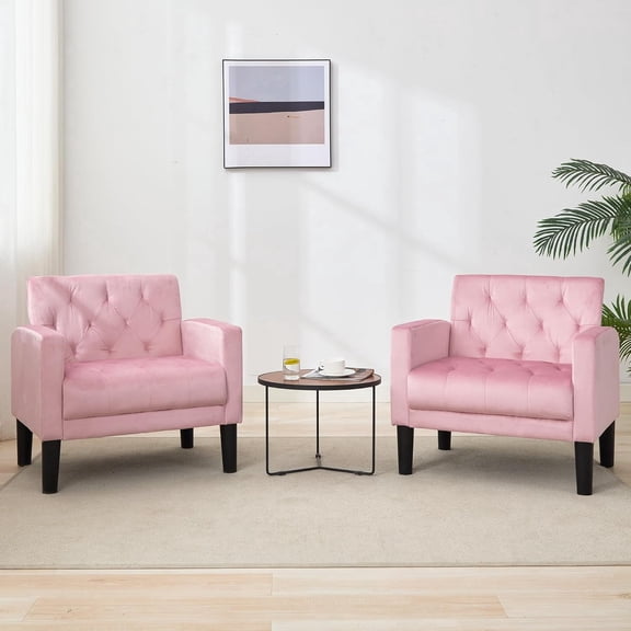 LAZZO Mid-Century Tufted Fabric Accent Chair Set of 2, Modern Upholstered Armchair for Living Room & Office, Pink