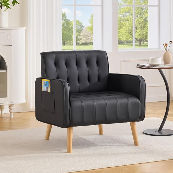 LAZZO Mid-Century Accent Chair, Upholstered Reading Armchair with Side Pocket & Wooden Legs for Living Room Bedroom Office, Black