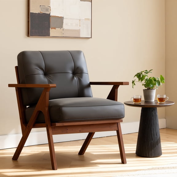 LAZZO Mid-Century Modern Accent Chair, Comfy Armchair with Wooden Arms, Side Chair for Living Room, Office & Waiting Room, Black