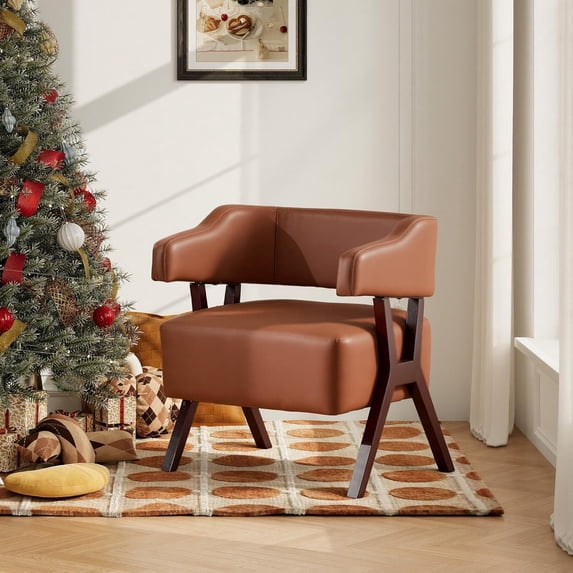 LAZZO Mid-Century Modern Accent Chair, Solid Wood Frame Leather Armchair for Living Room & Bedroom, Brown