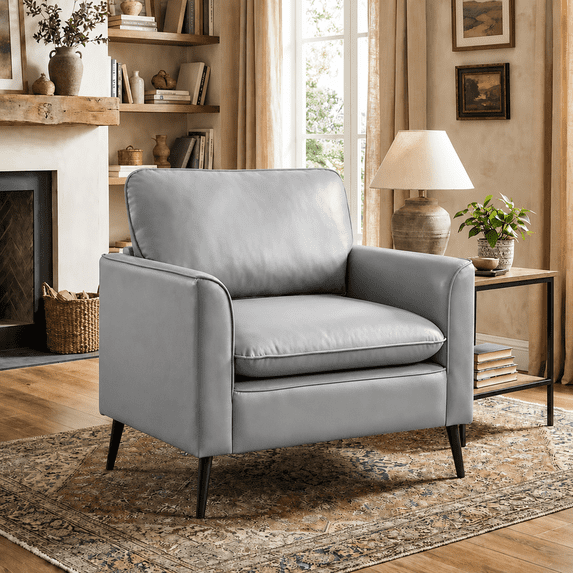 LAZZO Faux Leather Accent Chair, Mid-Century Modern Upholstered Armchair with Curved Armrests for Living Room and Office, Gray