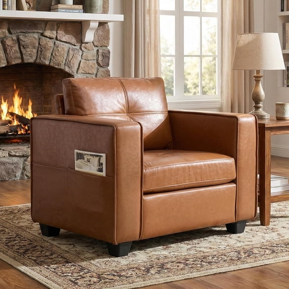 LAZZO Mid-Century Modern Tufted Accent Chair, Oversized Comfy Faux Leather Armchair with Wide Arms for Living Room Bedroom Office Lobby, Brown