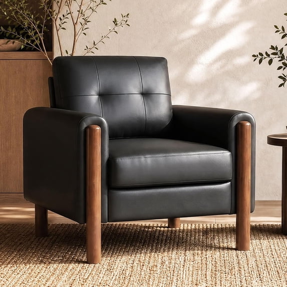 LAZZO Faux Leather Accent Chair, Mid-Century Modern Oversized Armchair with Tufted Design for Waiting Room Office, Black